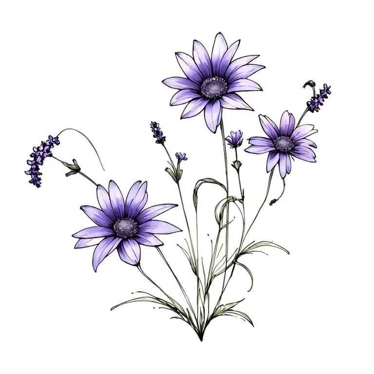 Lilys lavender violets daisys cosmos flowers long skinny fine line spine tattoo tattoo design idea
