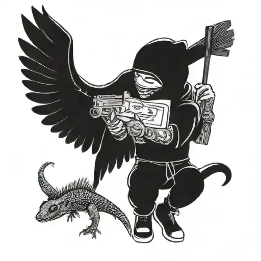 cupid with ski mask holding a gun and money bag with pet lizard tattoo design idea
