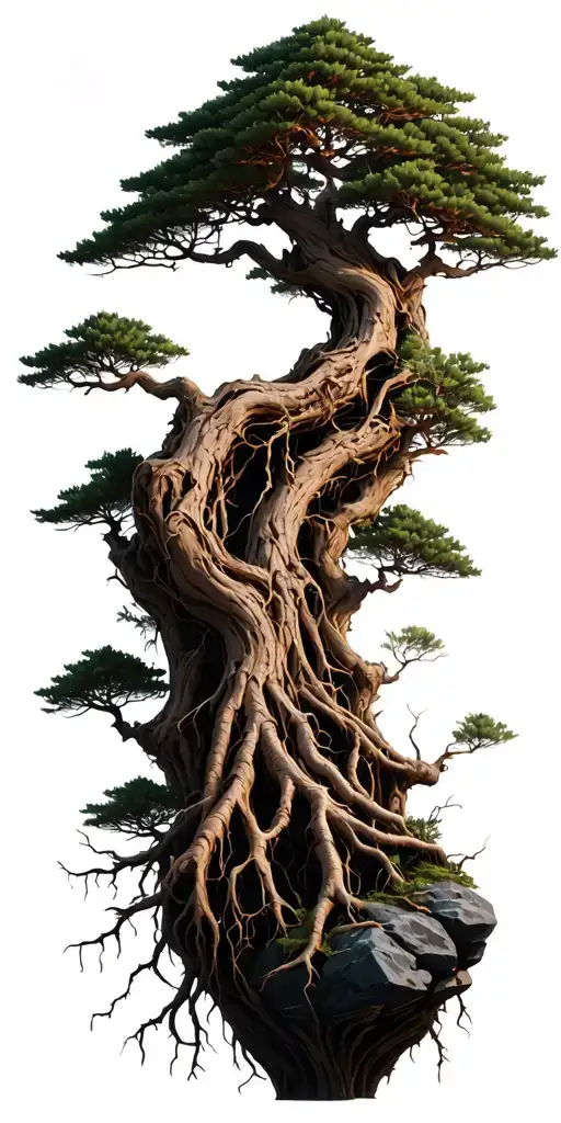 tall dead bonsai tree many branches and twigs rough bark roots gripping rocks tattoo design idea