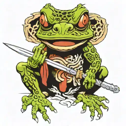 Oni Mask Frog holding Sword tattoo design idea