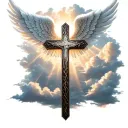 cross with angel wings,clouds in the background, with rays of light shining through the clouds tattoo design idea