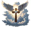 cross with angel wings,clouds in the background, with rays of light shining through the clouds tattoo design idea