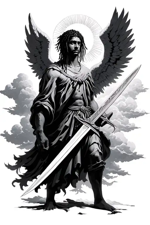 an angel with dreads holding a swords with the sun behind him and clouds surrounding tattoo design idea
