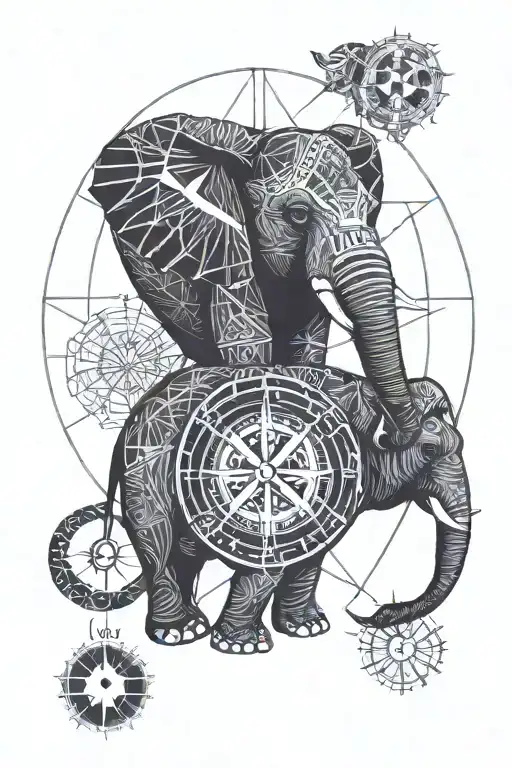 asian elephant and compass surrounded tattoo design idea