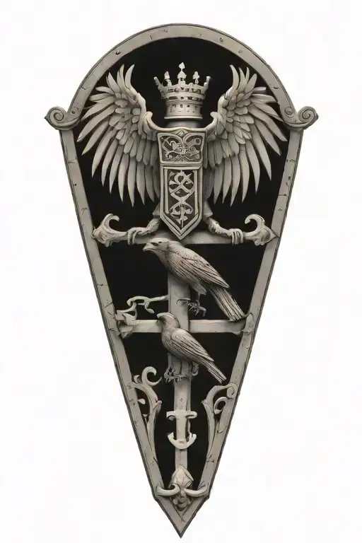 Rooker family crest tattoo incorporating a castle, 2 large crows holding a Celtic cross, and 4 small crows in the shield tattoo design idea