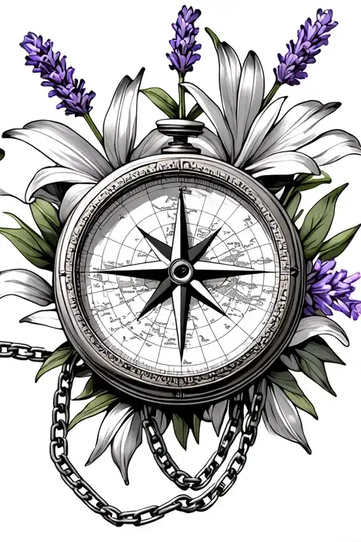lilys with lavender compass with map and chain  tattoo design idea