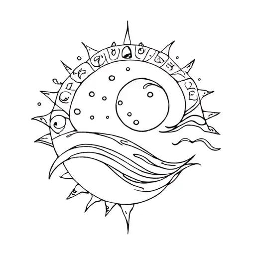 picese zodiac with cancer zodiac sign plus ocean wave, sun, moon tattoo design idea