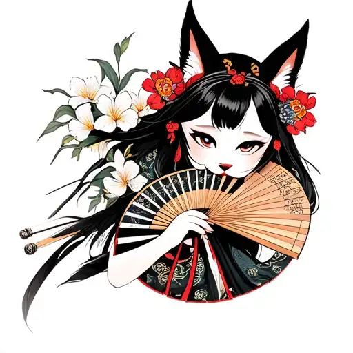 japanese samurai girl wearing a kitsune mask and holding a fan with irises flowers tattoo design idea