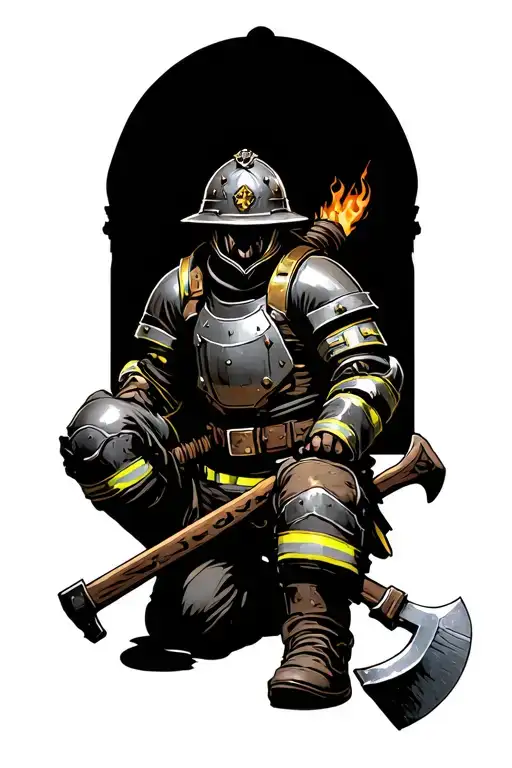 Firefighter in medeival armor kneeling with an axe tattoo design idea