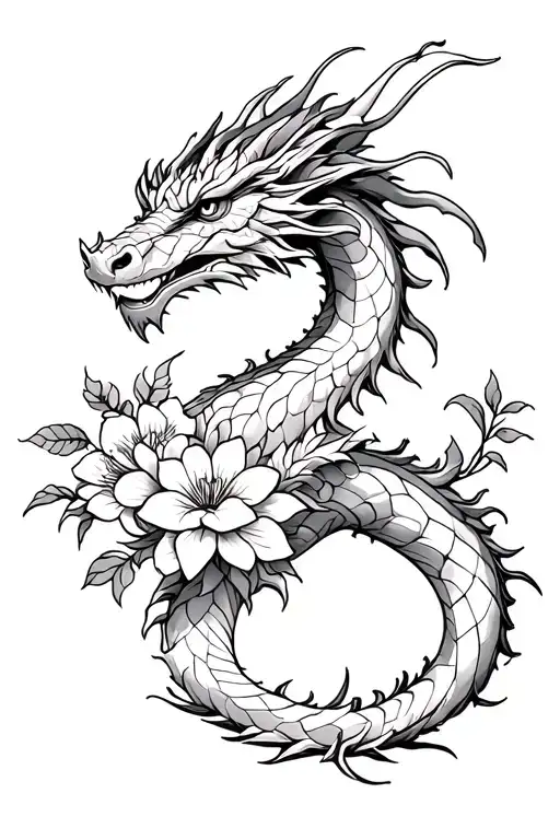 A dragon with flowers tattoo design idea