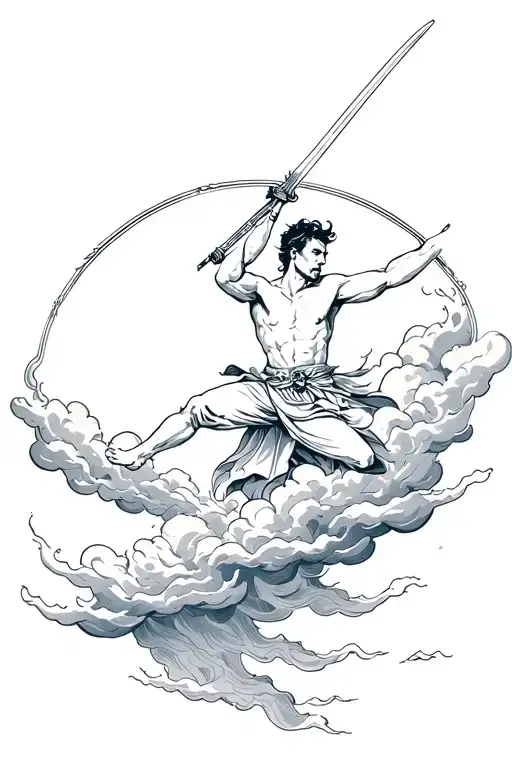 Man flying through a cloud while holding a sword, his lower body is burning, and upper body is strong and purified tattoo design idea