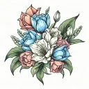 colored realistic tulips, carnation, snowdrop, callielilies, and poppy flowers. background colored sea and sun.  tattoo design idea