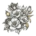 colored realistic tulips, carnation, snowdrop, callielilies, and poppy flowers. background colored sea and sun.  tattoo design idea
