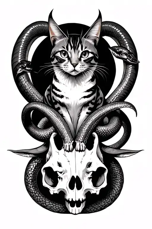 cat with horns sitting on goats skull and snake tattoo design idea
