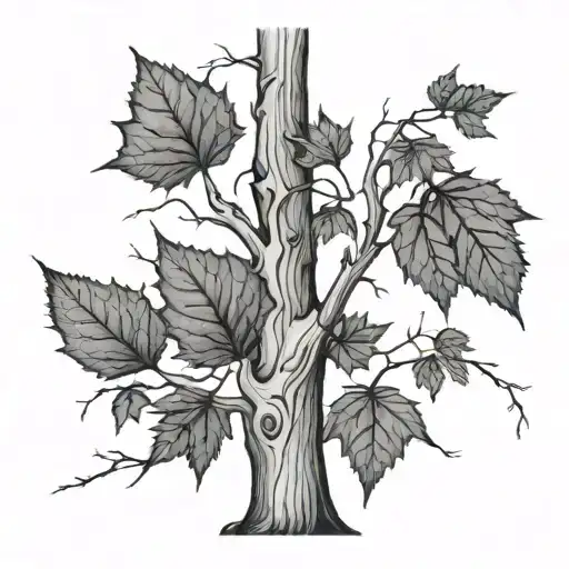 Two hardwood trees intertwined.   Bare branches except two leaves, one birch one maple in fall colors. tattoo design idea