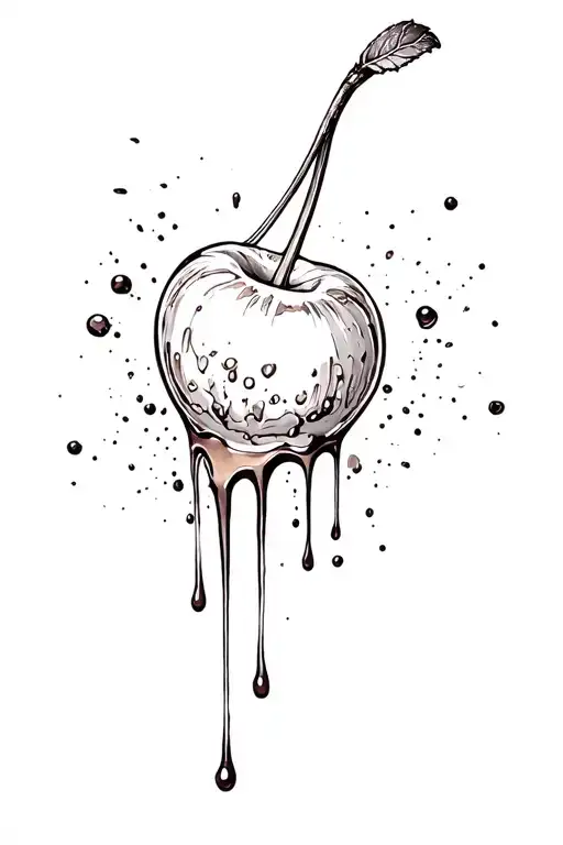 a cherry, with stem, coated in chocolate dripping off it and one large splatter tattoo design idea