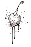 a cherry, with stem, coated in chocolate dripping off it and one large splatter tattoo design idea
