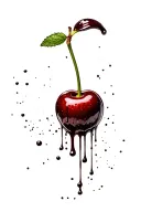 a cherry, with stem, coated in chocolate dripping off it and one large splatter tattoo design idea