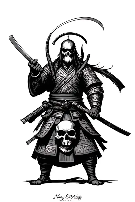 Japanese samurai warrior with skull face tattoo design idea
