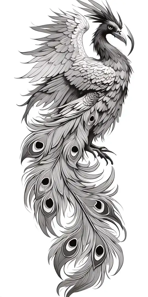 Phoenix, phoenix wings spread peacock feather tail tattoo design idea