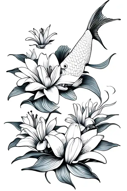 lilys and coy fish swimming through flowly lilys tattoo design idea