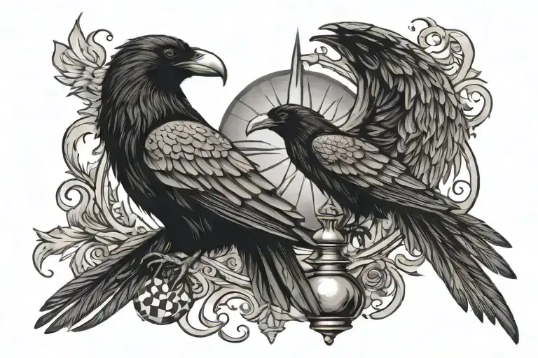 raven wings with sun , king chess piece and rain cloud tattoo design idea