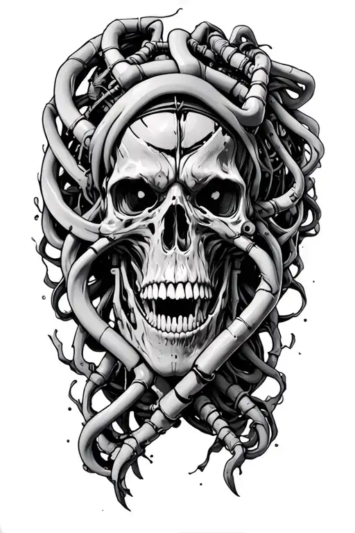 bio mechanical skin rip muscle tendons tattoo design idea