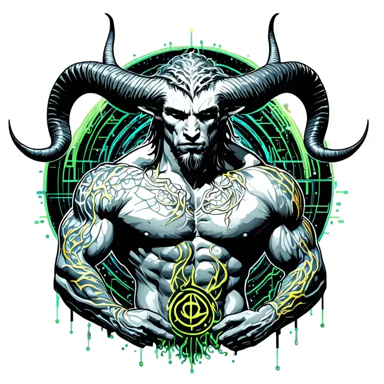 Muscular male satyr with horns and a massive bodybuilder shape with muscles. Roots, vines and veins cybersigilism tattoo design idea
