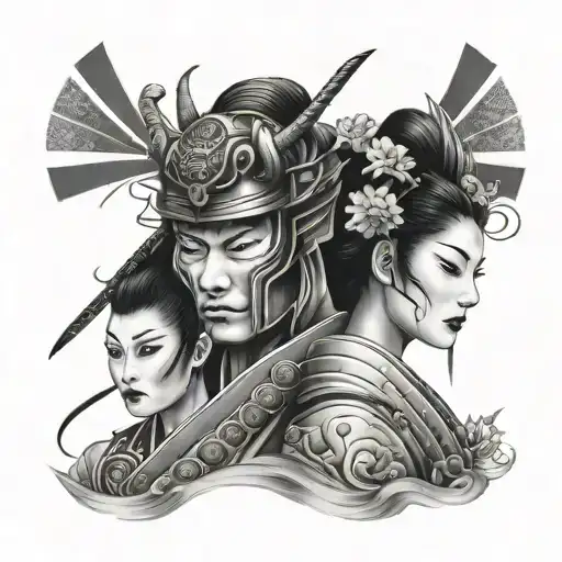 samurai and geisha covering her face tattoo design idea
