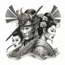samurai and geisha covering her face tattoo design idea
