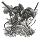 samurai and geisha covering her face tattoo design idea