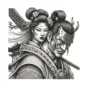 samurai and geisha covering her face tattoo design idea