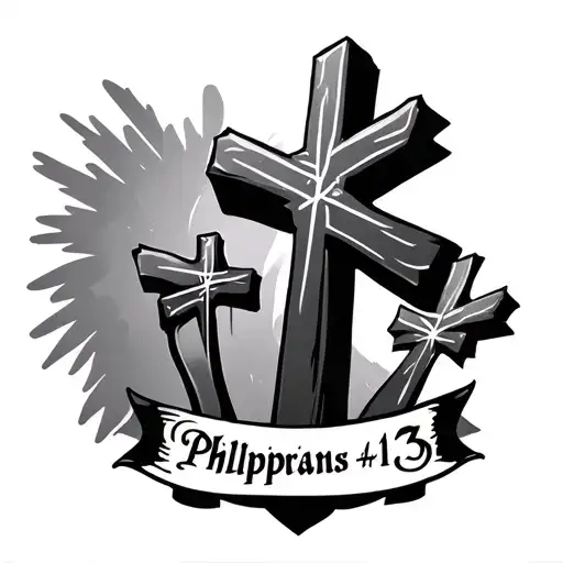 one big cross and 2 smaller crosses on each side with Philippians 4:13 written beneath tattoo design idea
