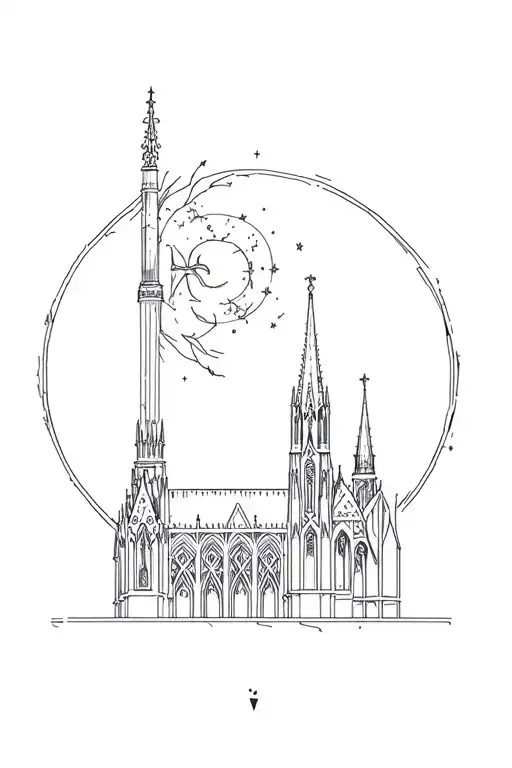 mystical tattoo design, inspired by European gothic architecture, intricate cathedral details, spires, arches, gargoyl tattoo design idea