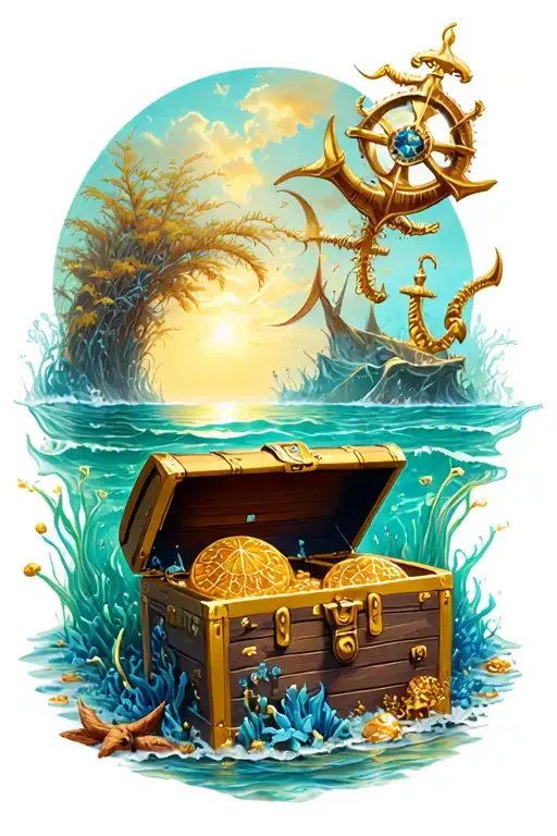 sea floor with treasure chest nautical theme tattoo design idea