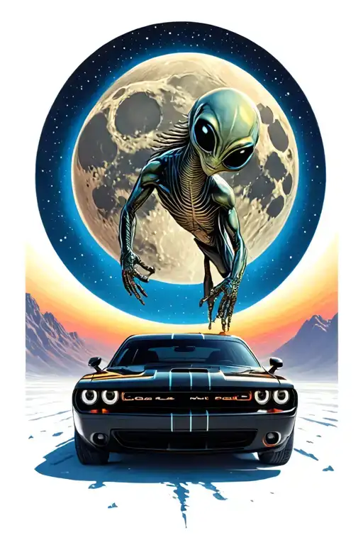 an alien drives a black dodge challenger car over the moon tattoo design idea