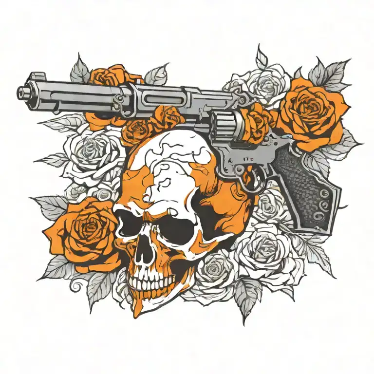 roses and guns and a sword and a skull tattoo design idea