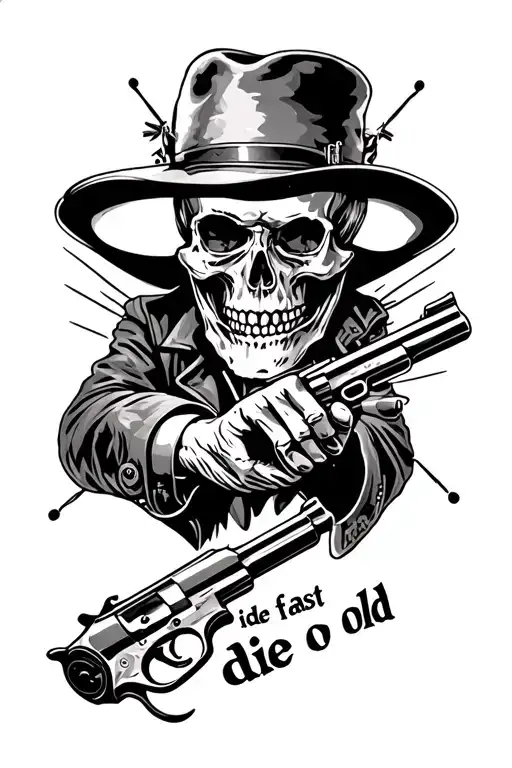 "ride fast die old " a skull face profile holding and 1911 tattoo design idea
