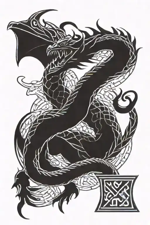 dragon silhouette with celtic knot scales wrapping a Valknut tattoo design idea