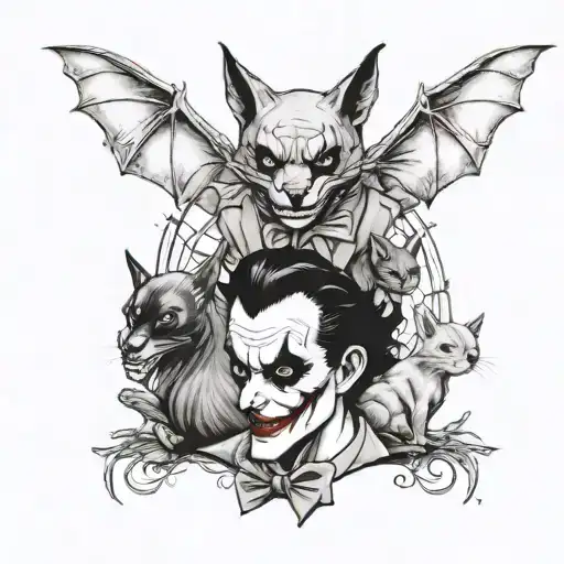 A Joker-inspired tattoo featuring a collection of animals from Gotham City, such as bats, cats, and rats tattoo design idea