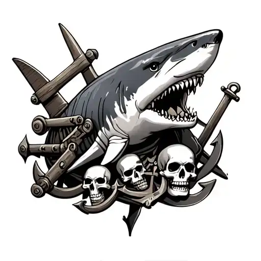 naval leg tattoo with a great white shark naval cannons skulls and anchors tattoo design idea