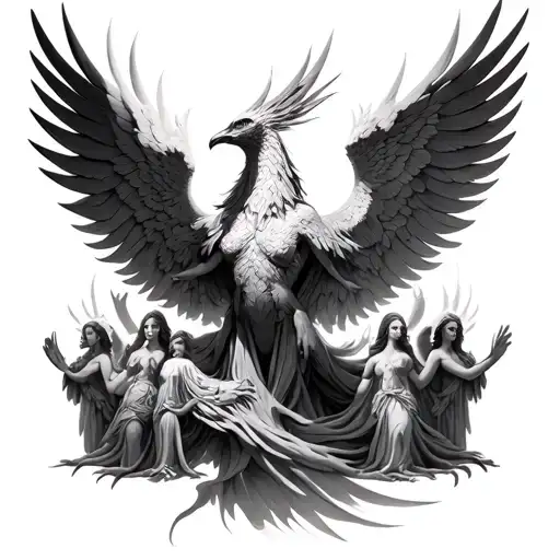 Phoenix into transformation surrounded by 5 angels tattoo design idea