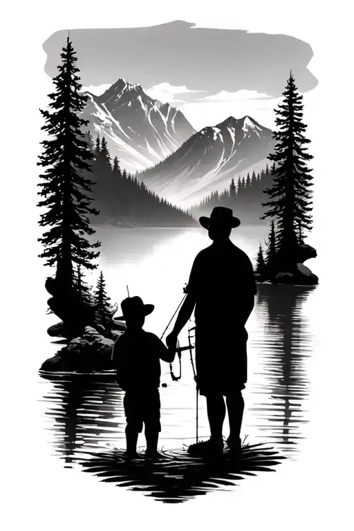 Shiloute shadow dad and son standing fishing in a river facing the mountains black and white simple tattoo design idea