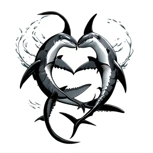 two hammerhead sharks swimming while making the heart shape tattoo design idea