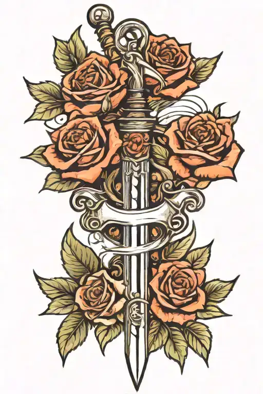 spinal tattoo, battle sword and roses tattoo design idea