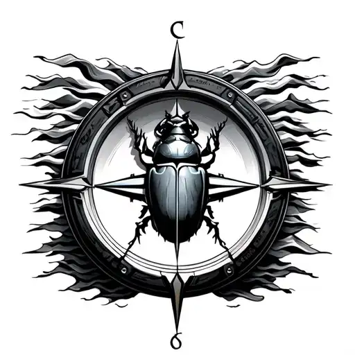 subwoofer surrounded by aurora waves and soundwaves in a body of a scarab compass in the middle tattoo design idea