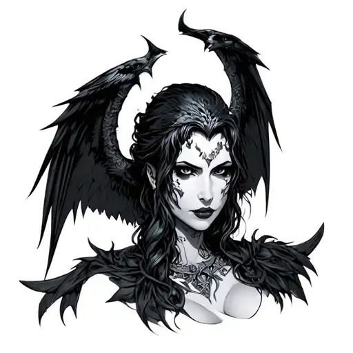 morrigan from iron druid, chubby, nude, submissive, deadly, crowwings tattoo design idea