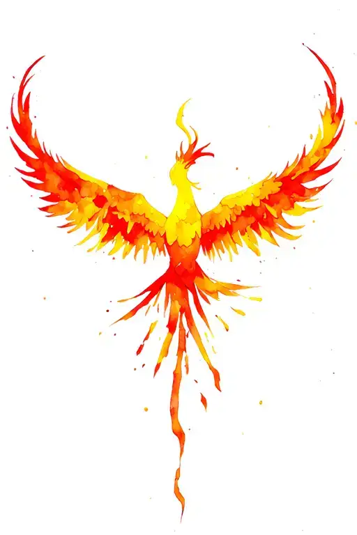 phoenix with outstretched wings, no legs. flaming wings in shades of yellow orange red tattoo design idea