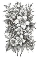 daffodil, lily of the valley, aster, poppy, violet, carnation florals  tattoo design idea