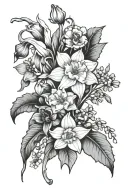 daffodil, lily of the valley, aster, poppy, violet, carnation florals  tattoo design idea